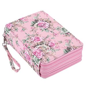 btsky colored pencil case- 200 slots pencil holder pen bag large capacity pencil organizer with handle strap handy colored pencil box with printing pattern pink rose