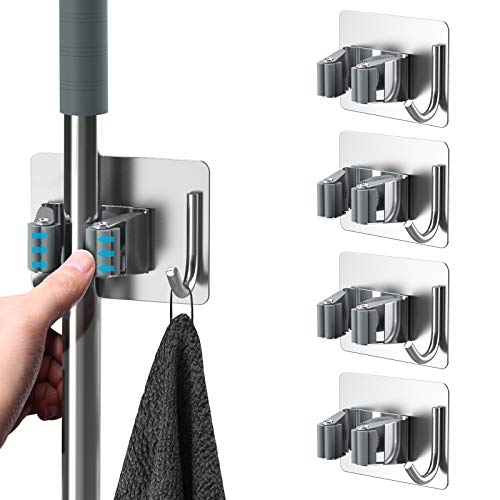 Mop Broom Holder No Drill SUS304 Stainless Steel, HOMEASY Mop Broom Organizer Wall Mounted Heavy Duty with Hooks Hanger, Storage Rack Self Adhesive 4Pcs for Bathroom, Kitchen, Office, Silver