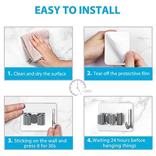 Mop Broom Holder No Drill SUS304 Stainless Steel, HOMEASY Mop Broom Organizer Wall Mounted Heavy Duty with Hooks Hanger, Storage Rack Self Adhesive 4Pcs for Bathroom, Kitchen, Office, Silver