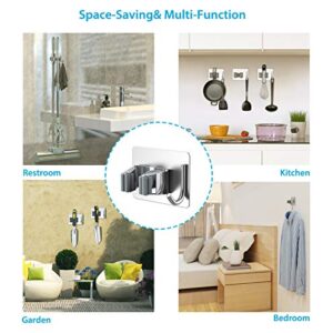 Mop Broom Holder No Drill SUS304 Stainless Steel, HOMEASY Mop Broom Organizer Wall Mounted Heavy Duty with Hooks Hanger, Storage Rack Self Adhesive 4Pcs for Bathroom, Kitchen, Office, Silver