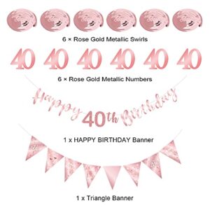 Rose Gold 40th Birthday Decoration for Girls, Happy 40th Birthday Banner Bunting Swirls, Triangle Flag Banner for 40 Birthday Party Decorations Supplies