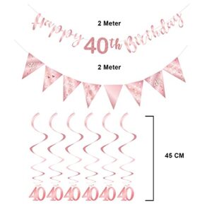 Rose Gold 40th Birthday Decoration for Girls, Happy 40th Birthday Banner Bunting Swirls, Triangle Flag Banner for 40 Birthday Party Decorations Supplies