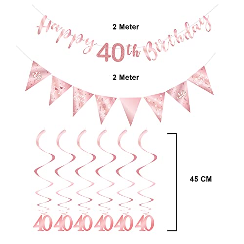 Rose Gold 40th Birthday Decoration for Girls, Happy 40th Birthday Banner Bunting Swirls, Triangle Flag Banner for 40 Birthday Party Decorations Supplies