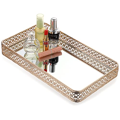 ELLDOO Gold Perfume Tray Mirror Tray Makeup Vanity Tray Hollow-Carved Jewelry Tray Glass Metal Trinket Storage Tray Home Organizer Decorative Tray for for Dresser Bathroom Countertop, Large Size