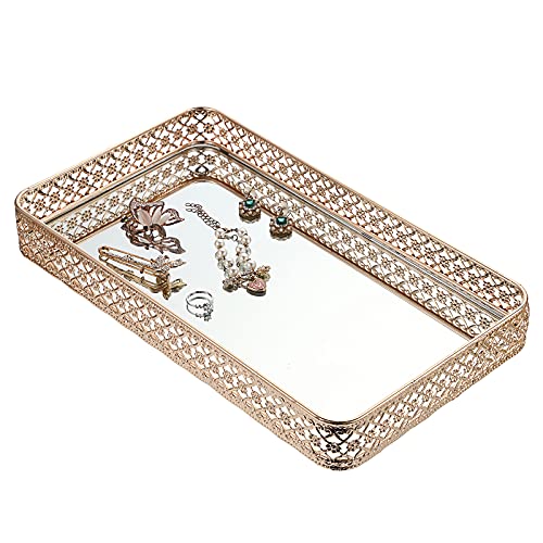 ELLDOO Gold Perfume Tray Mirror Tray Makeup Vanity Tray Hollow-Carved Jewelry Tray Glass Metal Trinket Storage Tray Home Organizer Decorative Tray for for Dresser Bathroom Countertop, Large Size