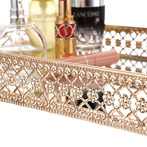 ELLDOO Gold Perfume Tray Mirror Tray Makeup Vanity Tray Hollow-Carved Jewelry Tray Glass Metal Trinket Storage Tray Home Organizer Decorative Tray for for Dresser Bathroom Countertop, Large Size