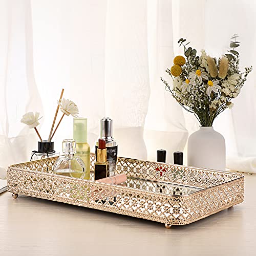 ELLDOO Gold Perfume Tray Mirror Tray Makeup Vanity Tray Hollow-Carved Jewelry Tray Glass Metal Trinket Storage Tray Home Organizer Decorative Tray for for Dresser Bathroom Countertop, Large Size