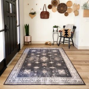 ruggable verena washable rug - perfect vintage area rug for living room bedroom kitchen - pet & child friendly - stain & water resistant - dark wood 5'x7' (standard pad)