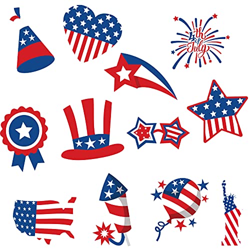 Whaline 48Pcs 4th of July Cut-Outs Patriotic American Flag Cut Outs with 100pcs Glue Points Cartoon Stars Stripes Heart Firework Paper Cut-Outs for Independence Day Classroom Bulletin Board Decor