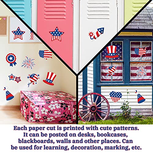 Whaline 48Pcs 4th of July Cut-Outs Patriotic American Flag Cut Outs with 100pcs Glue Points Cartoon Stars Stripes Heart Firework Paper Cut-Outs for Independence Day Classroom Bulletin Board Decor