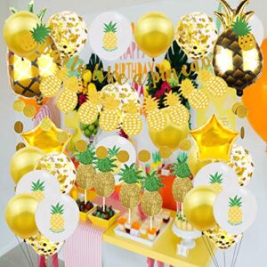 Gold Glitter Pineapple Party Decorations Summer Pineapple Garland Banner Pineapple Garland Latex Balloons Pineapple Foil Balloons Cupcake Toppers for Bachelorette,Birthday Luau Summer Party Decoration