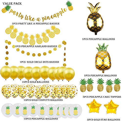 Gold Glitter Pineapple Party Decorations Summer Pineapple Garland Banner Pineapple Garland Latex Balloons Pineapple Foil Balloons Cupcake Toppers for Bachelorette,Birthday Luau Summer Party Decoration