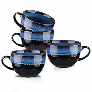 koov ceramic soup mug, soup bowls with handles microwave safe, 24 ounce jumbo mug and cereal mugs set of 4, reactive glaze (nebula blue)