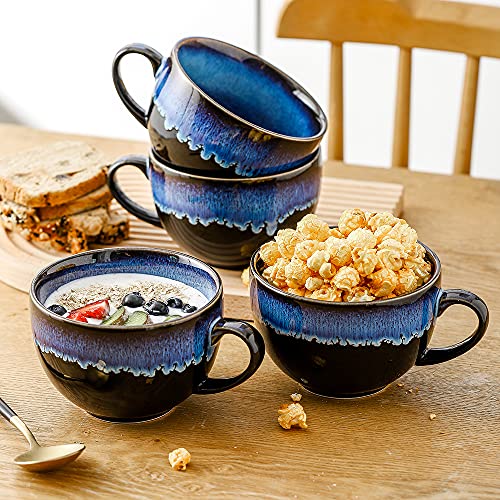 KOOV Ceramic Soup Mug, Soup Bowls with Handles Microwave Safe, 24 Ounce Jumbo Mug and Cereal Mugs Set of 4, Reactive Glaze (Nebula Blue)