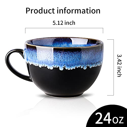 KOOV Ceramic Soup Mug, Soup Bowls with Handles Microwave Safe, 24 Ounce Jumbo Mug and Cereal Mugs Set of 4, Reactive Glaze (Nebula Blue)