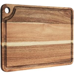 azrhom large wood cutting board for kitchen 18x12 with juice groove handle non-slip mats hanging hole for meat vegetables cheese chopping board butcher block (acacia)