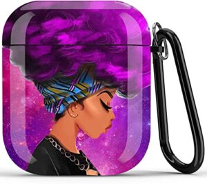 african american girl airpods case - wonjury airpod skin protective hard case cover portable & shockproof women with keychain for apple airpods 2/1 charging case (purple hair girl)