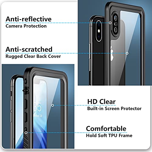 SPIDERCASE Designed for iPhone Xs Max Waterproof Case, Built-in Screen Protector Full-Body Clear Call Quality Heavy Duty Shockproof Cover Case for iPhone Xs Max 6.5’’ (Black/Clear)