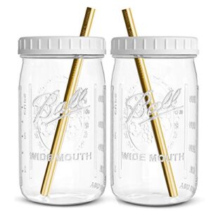 reusable wide mouth smoothie cups boba tea cups bubble tea cups with lids and gold straws mason jars glass cups (2-pack, 32 oz mason jars)