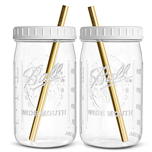 Reusable Wide Mouth Smoothie Cups Boba Tea Cups Bubble Tea Cups with Lids and Gold Straws Mason Jars Glass Cups (2-pack, 32 oz mason jars)