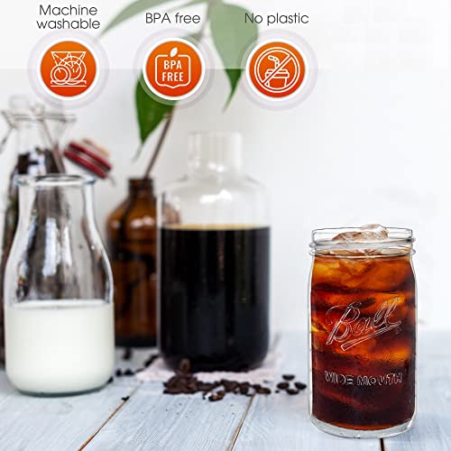 Reusable Wide Mouth Smoothie Cups Boba Tea Cups Bubble Tea Cups with Lids and Gold Straws Mason Jars Glass Cups (2-pack, 32 oz mason jars)