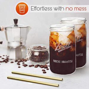 Reusable Wide Mouth Smoothie Cups Boba Tea Cups Bubble Tea Cups with Lids and Gold Straws Mason Jars Glass Cups (2-pack, 32 oz mason jars)