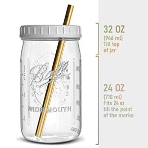 Reusable Wide Mouth Smoothie Cups Boba Tea Cups Bubble Tea Cups with Lids and Gold Straws Mason Jars Glass Cups (2-pack, 32 oz mason jars)