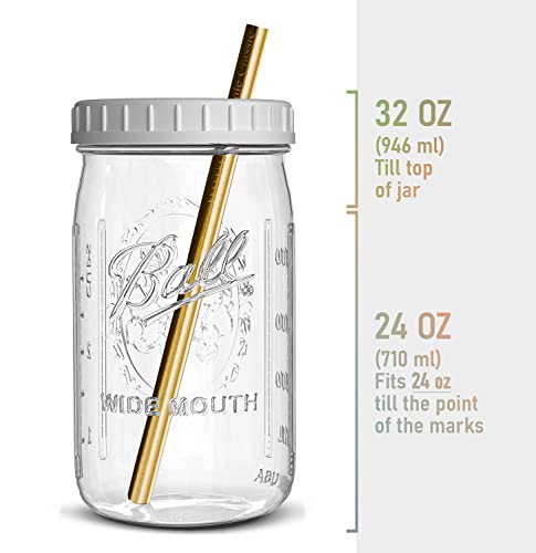 Reusable Wide Mouth Smoothie Cups Boba Tea Cups Bubble Tea Cups with Lids and Gold Straws Mason Jars Glass Cups (2-pack, 32 oz mason jars)