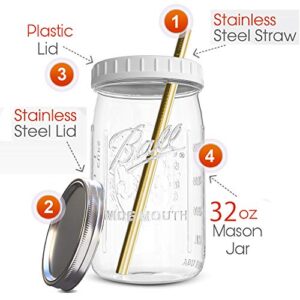 Reusable Wide Mouth Smoothie Cups Boba Tea Cups Bubble Tea Cups with Lids and Gold Straws Mason Jars Glass Cups (2-pack, 32 oz mason jars)