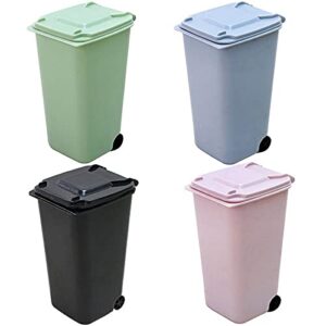 4pcs mini trash can desktop garbage storage bin pen holder organizer small recycle can wastebasket with lid wheels for home office(green blue pink black)