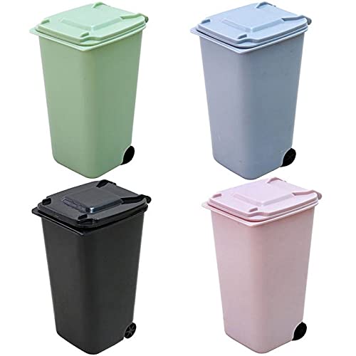 4Pcs Mini Trash Can Desktop Garbage Storage Bin Pen Holder Organizer Small Recycle Can Wastebasket with Lid Wheels for Home Office(Green Blue Pink Black)