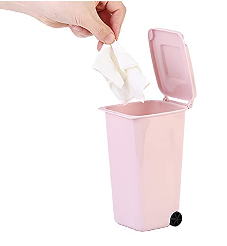 4Pcs Mini Trash Can Desktop Garbage Storage Bin Pen Holder Organizer Small Recycle Can Wastebasket with Lid Wheels for Home Office(Green Blue Pink Black)