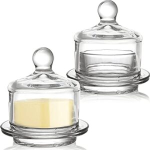 dicunoy 2 pack glass butter dishes, small round butter keeper with dome lid and handle, clear butter serving container with cover, round crystal mini butter cloche for candy, dessert, parfait, jam