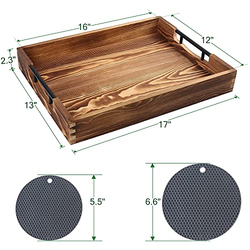 LotFancy Large Ottoman Tray for Living Room, 17x13'' Wood Serving Tray with Handles, Home Décor for Coffee Table, Sofa, 2 Skidproof Coasters Included