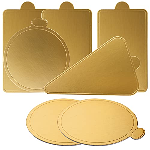 Dicunoy 300PCS Mini Cake Boards, 3" Gold Circle Paper Cupcake Dessert Displays Base Tray, Mousse Cake Plates for Parties, Wedding, Birthday, Restaurant Buffet, Round, Triangle, Rectangular