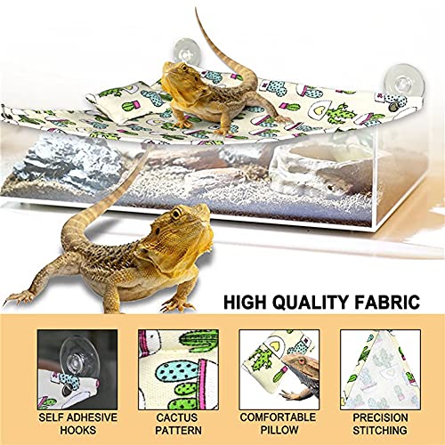 HAICHEN TEC Bearded Dragon Hammock Swing Hanging Bed Lounger Ladder with Adhesive Hooks and Suction Hook for Reptile Bearded Dragon Leopard Gecko Hamster Lizard (Cactus Pattern)