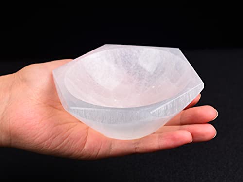 AMOYSTONE Natural Selenite Plate Selenite Bowl for Crystals Hexagon Selenite Dish 4" for Chakra Healing Crystals Collection Gift