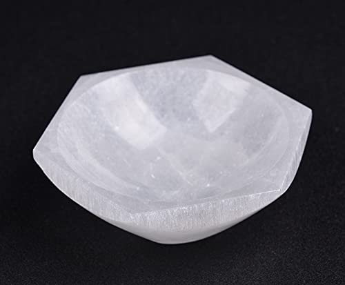 AMOYSTONE Natural Selenite Plate Selenite Bowl for Crystals Hexagon Selenite Dish 4" for Chakra Healing Crystals Collection Gift