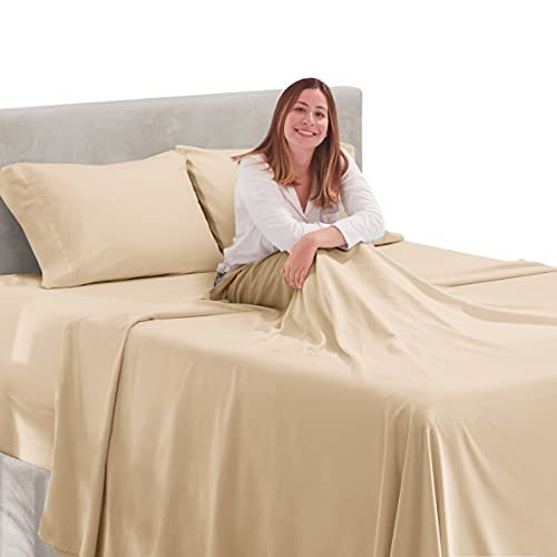 Hearth & Harbor Extra Deep Pocket 4-Piece Bed Sheets Set - Super Deep Fitted Sheet 18-24 inces Depth, Fits High Profile Mattresses with Toppers, Queen, Beige Cream