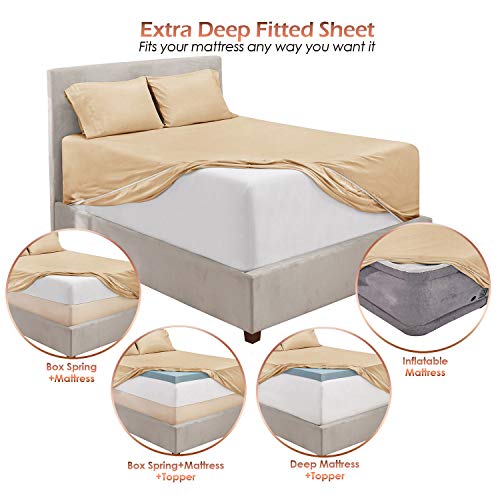 Hearth & Harbor Extra Deep Pocket 4-Piece Bed Sheets Set - Super Deep Fitted Sheet 18-24 inces Depth, Fits High Profile Mattresses with Toppers, Queen, Beige Cream