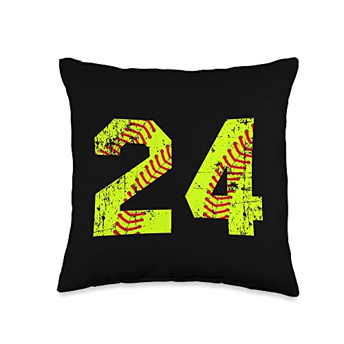 Vintage Distressed Classic Softball #24 Vintage Softball 24 Jersey Number Throw Pillow, 16x16, Multicolor