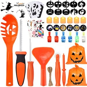 pumpkin carving kit for kids, 6 halloween pumpkin carving tools set + 6 led candles + 6 led rings + 6 pumpkin stickers + 10 carving stencils + 2 lawn bags , diy jack-o-lanterns halloween decorations