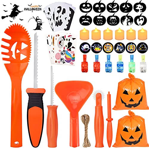 Pumpkin Carving Kit for Kids, 6 Halloween Pumpkin Carving Tools Set + 6 LED Candles + 6 LED Rings + 6 Pumpkin Stickers + 10 Carving Stencils + 2 Lawn Bags , DIY Jack-O-Lanterns Halloween Decorations