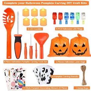 Pumpkin Carving Kit for Kids, 6 Halloween Pumpkin Carving Tools Set + 6 LED Candles + 6 LED Rings + 6 Pumpkin Stickers + 10 Carving Stencils + 2 Lawn Bags , DIY Jack-O-Lanterns Halloween Decorations