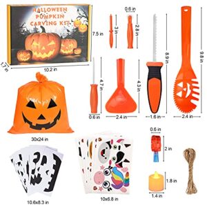 Pumpkin Carving Kit for Kids, 6 Halloween Pumpkin Carving Tools Set + 6 LED Candles + 6 LED Rings + 6 Pumpkin Stickers + 10 Carving Stencils + 2 Lawn Bags , DIY Jack-O-Lanterns Halloween Decorations