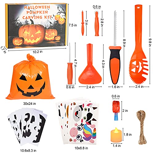 Pumpkin Carving Kit for Kids, 6 Halloween Pumpkin Carving Tools Set + 6 LED Candles + 6 LED Rings + 6 Pumpkin Stickers + 10 Carving Stencils + 2 Lawn Bags , DIY Jack-O-Lanterns Halloween Decorations