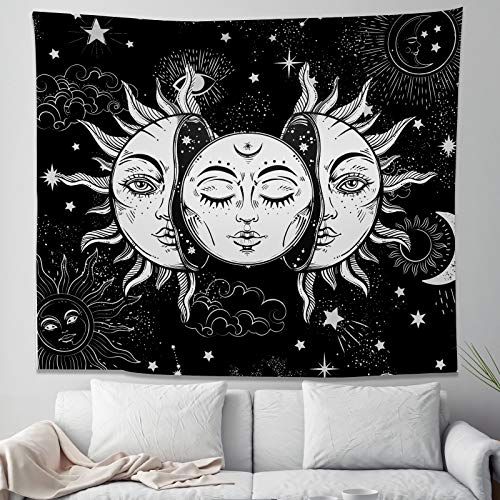 Instruban Sun and Moon Tapestry Black and White Tapestry Burning Sun God with Stars Wall Tapestry Psychedelic Tapestry for Bedroom Aesthetic - 51.2x59.1 Inches