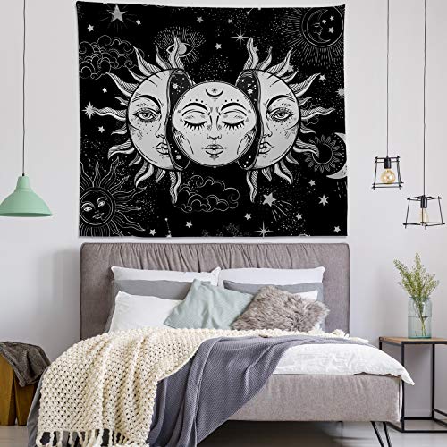 Instruban Sun and Moon Tapestry Black and White Tapestry Burning Sun God with Stars Wall Tapestry Psychedelic Tapestry for Bedroom Aesthetic - 51.2x59.1 Inches