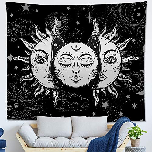 Instruban Sun and Moon Tapestry Black and White Tapestry Burning Sun God with Stars Wall Tapestry Psychedelic Tapestry for Bedroom Aesthetic - 51.2x59.1 Inches