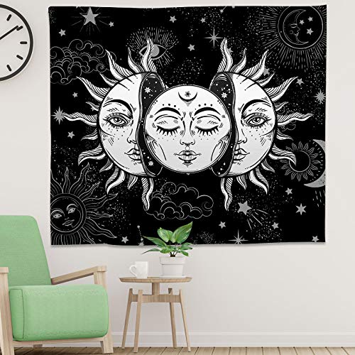 Instruban Sun and Moon Tapestry Black and White Tapestry Burning Sun God with Stars Wall Tapestry Psychedelic Tapestry for Bedroom Aesthetic - 51.2x59.1 Inches